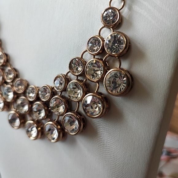 Costume Jewelry Mermaid Bubble Rhinestone Crystal Clear Gold Tone Bib Necklace - Picture 4 of 12
